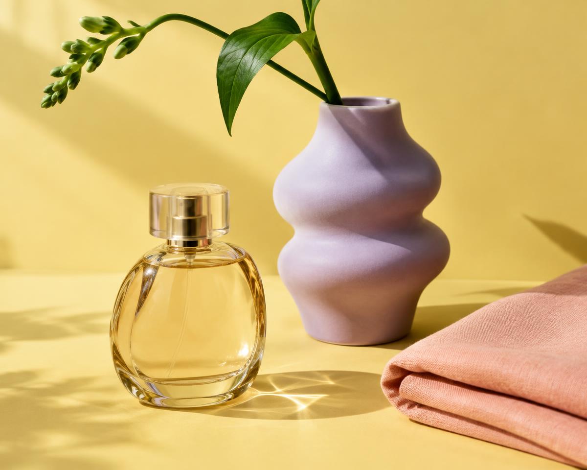 Illustrative studio study of an unbranded perfume bottle and lavender ceramic vase